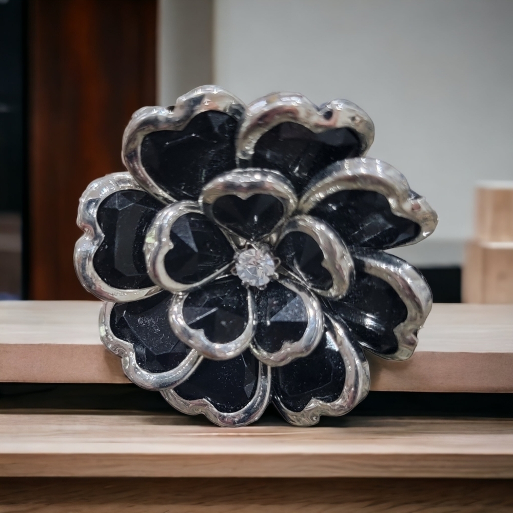 Black And Silver Adjustable Flower Ring - image 1